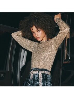Intimately Free People Gold Rush Sequin Festival Top Long Sleeve Size Medium